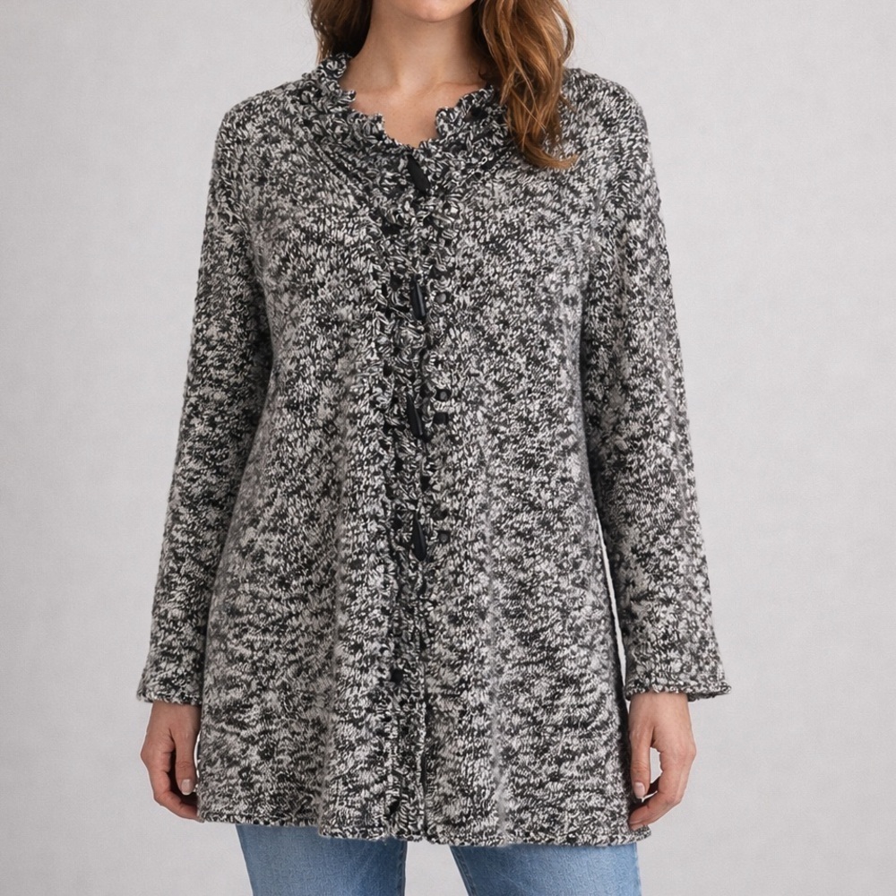 Chico’s  Knit Cardigan Sweater Womens Size L  Black White Wool Blend